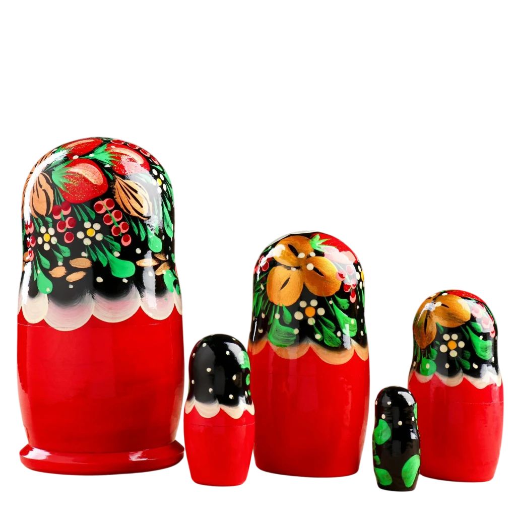 Матрёшка деревянная «Земляничка», чёрный платок, 5 кукольная, 18 см 