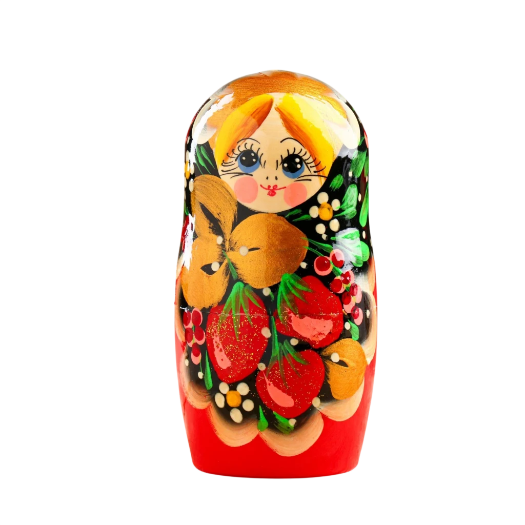 Матрёшка деревянная «Земляничка», чёрный платок, 5 кукольная, 18 см 